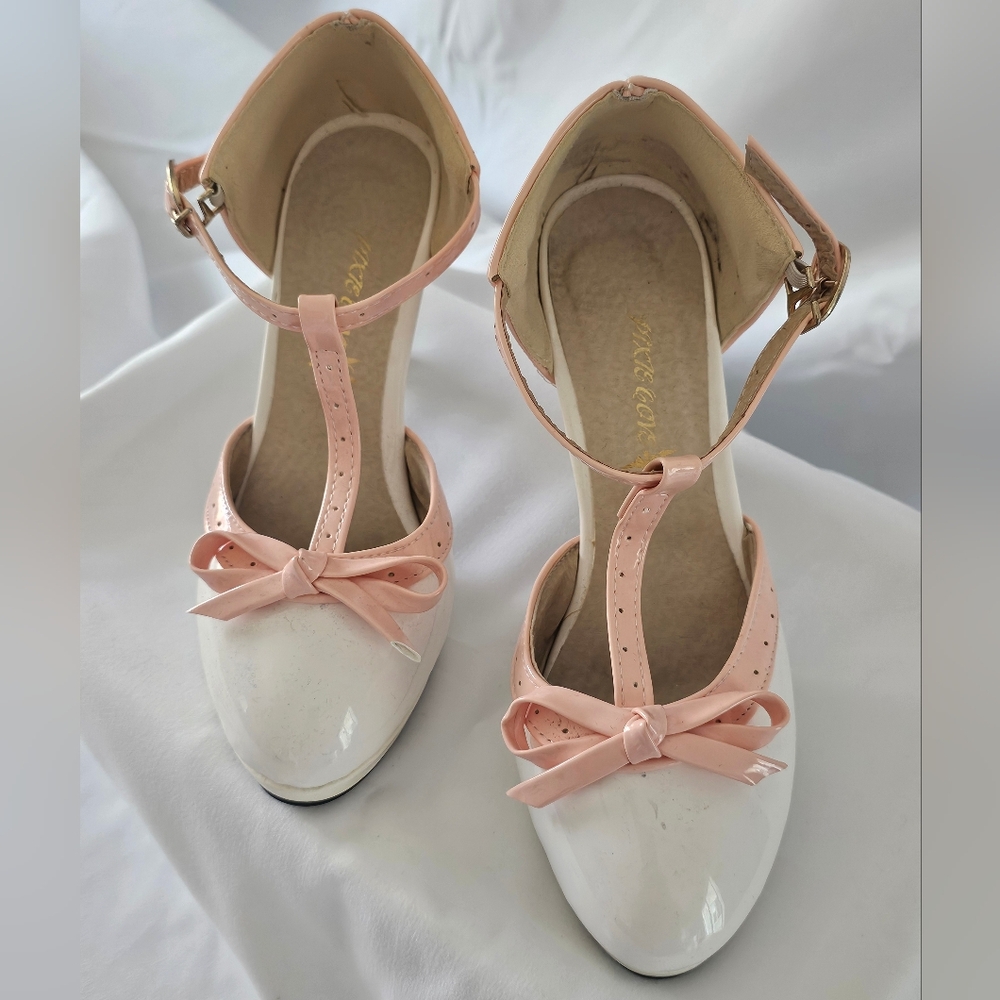 Women's Pink and White Bow Strap Shoes